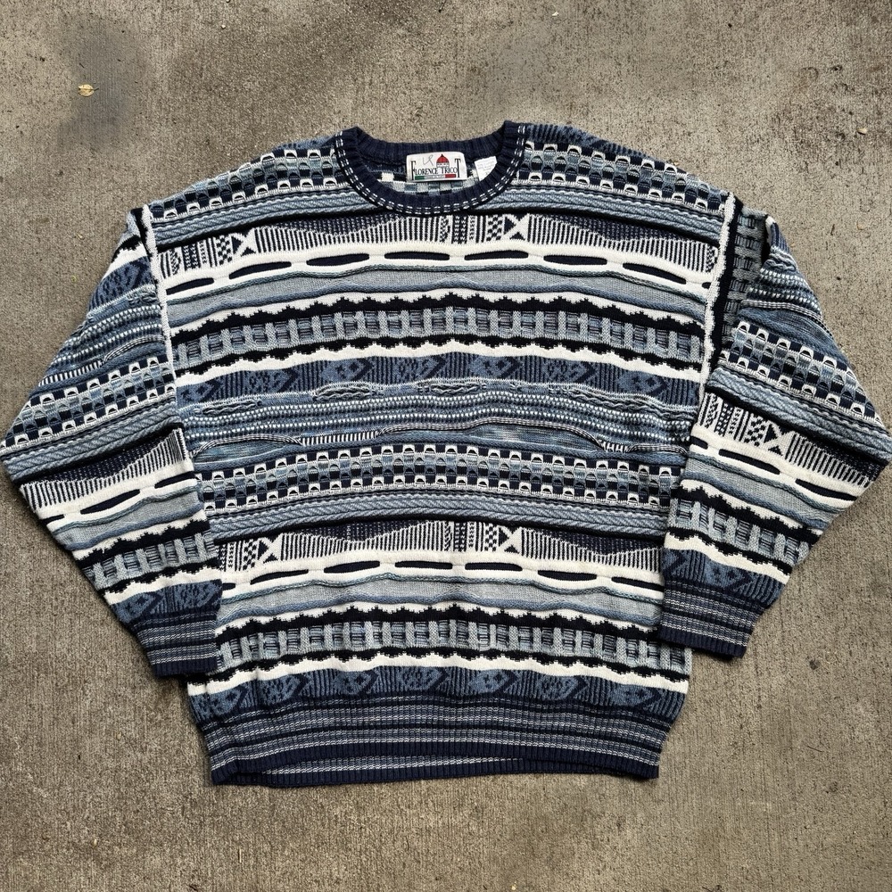 Vintage 90s Florence Tricot Sweater XL Coogi Style Blue Indigo 3D Chunky Knit